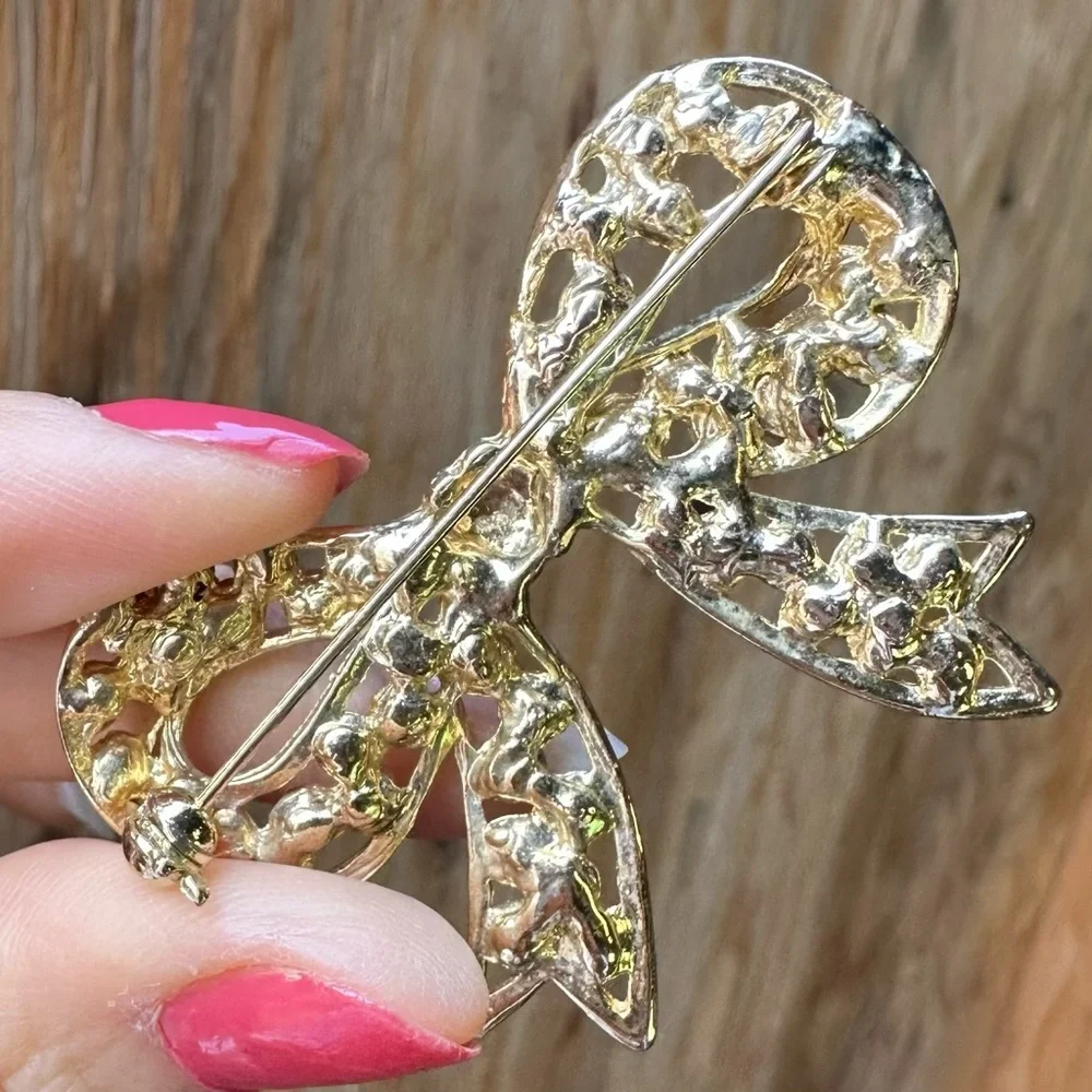 Gold Tone Rhinestone Bow, Butterfly & Reindeer Brooch Pins Lot of 3
